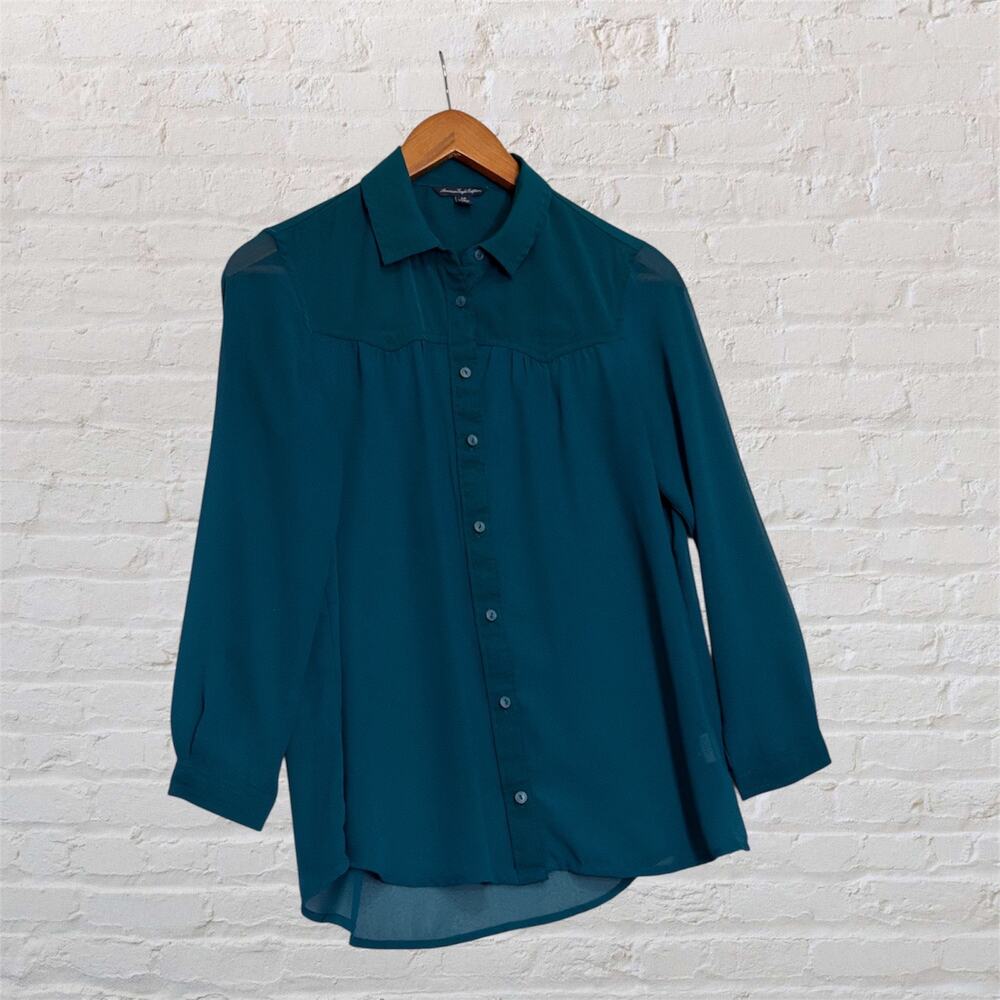 American‎ Eagle Outfitters Small Sheer Teal Button Front Long Sleeve Blouse